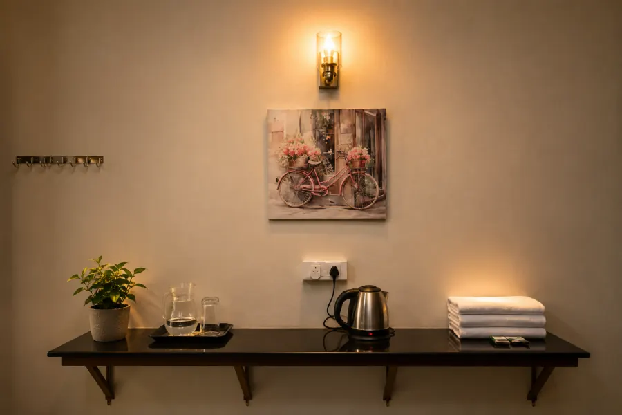 In-room console with kettle and towels