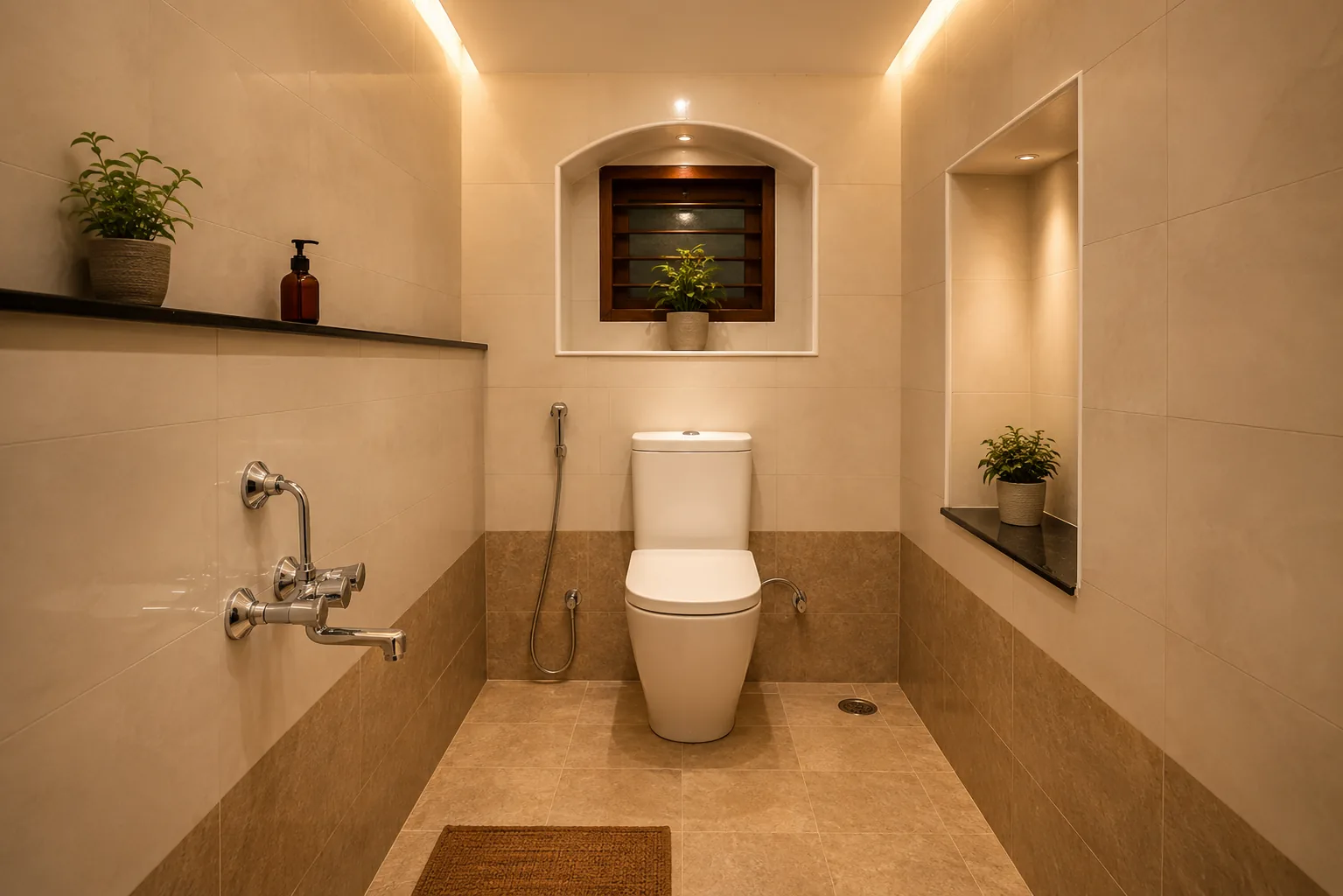 Tiled wet area with arched niche and potted plants