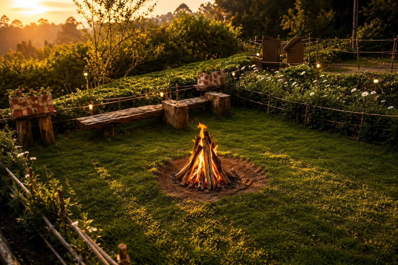 Garden fire pit at sunset with log benches and a bamboo fence