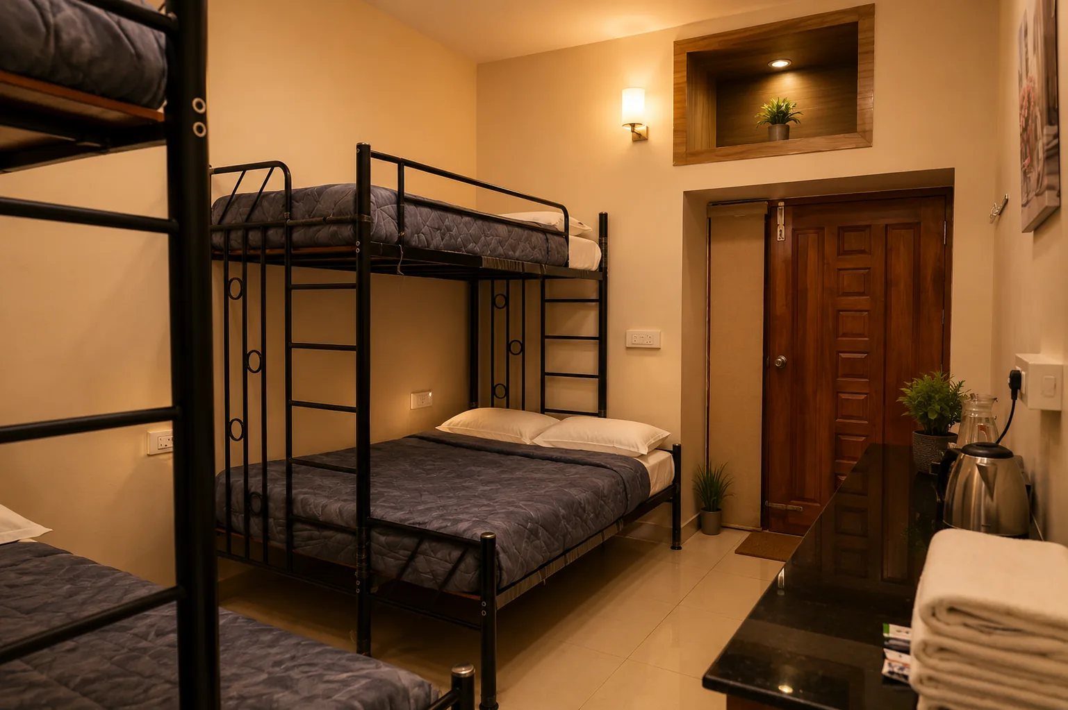 A room with a double bed and bunk beds under warm sconce lighting